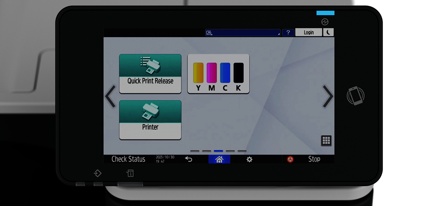 RICOH Smart Operation Panel showing icons and options related to printing and status including “Quick Print Release,” “Printer,” “YCMK” and a date/time indicator.