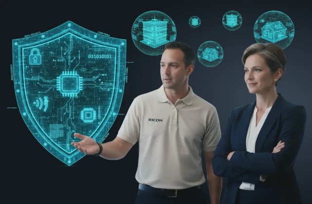 A man in a Ricoh polo and a woman in a suit stand by a large blue holographic shield with circuit symbols, representing cybersecurity.