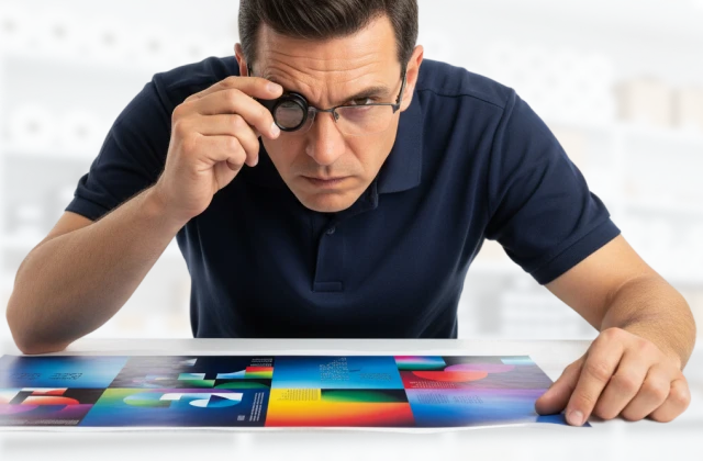 A person closely inspects a colour sheet produced through digital printing in a workspace.