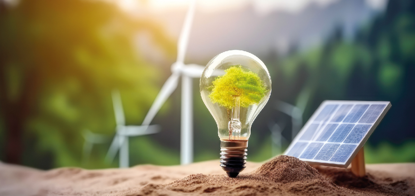 A light bulb with a tree inside, alongside a miniature wind turbine and solar panel, symbolizing sustainable and eco-friendly printers.