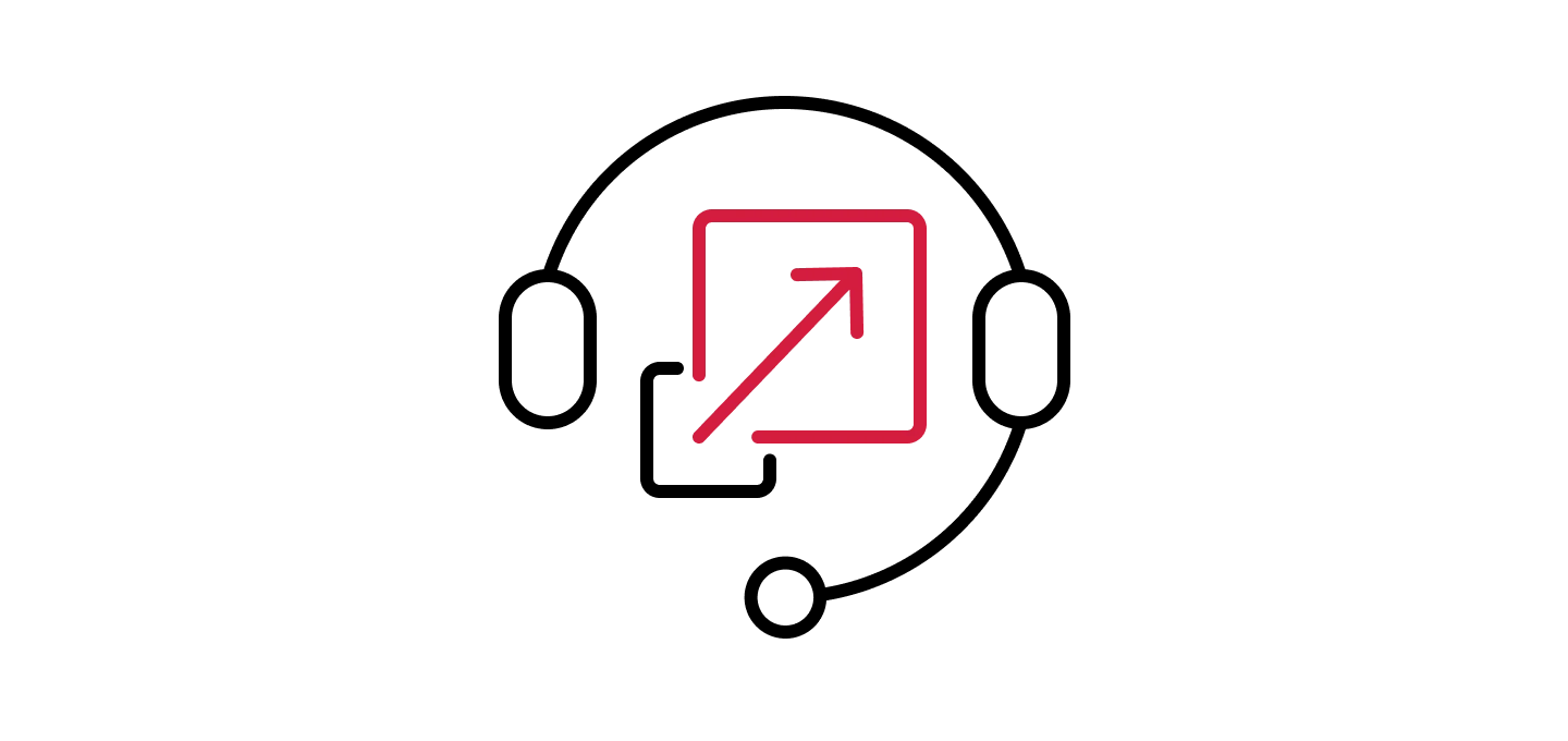 A black headset icon framing a red square with an expanding arrow, representing scalable support services.