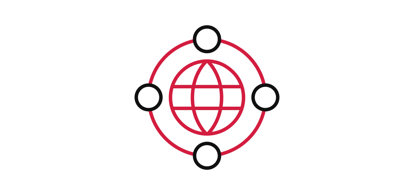 A red globe icon surrounded by four nodes in a circle, representing a unified and connected digital environment.