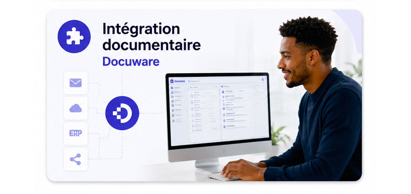 Three people smile and discuss in front of a presentation screen showing document integration software, featuring icons like email, cloud, and workflow.