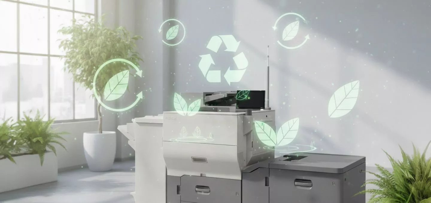  A large office printer is surrounded by glowing green graphics of leaves and a prominent recycling symbol, suggesting an eco-friendly design. Several potted plants are also visible in the bright, sunlit office environment.