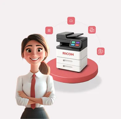 A smiling animated woman in a white shirt and red tie stands with arms crossed. Beside her is a Ricoh printer surrounded by icons, depicting digital connectivity.