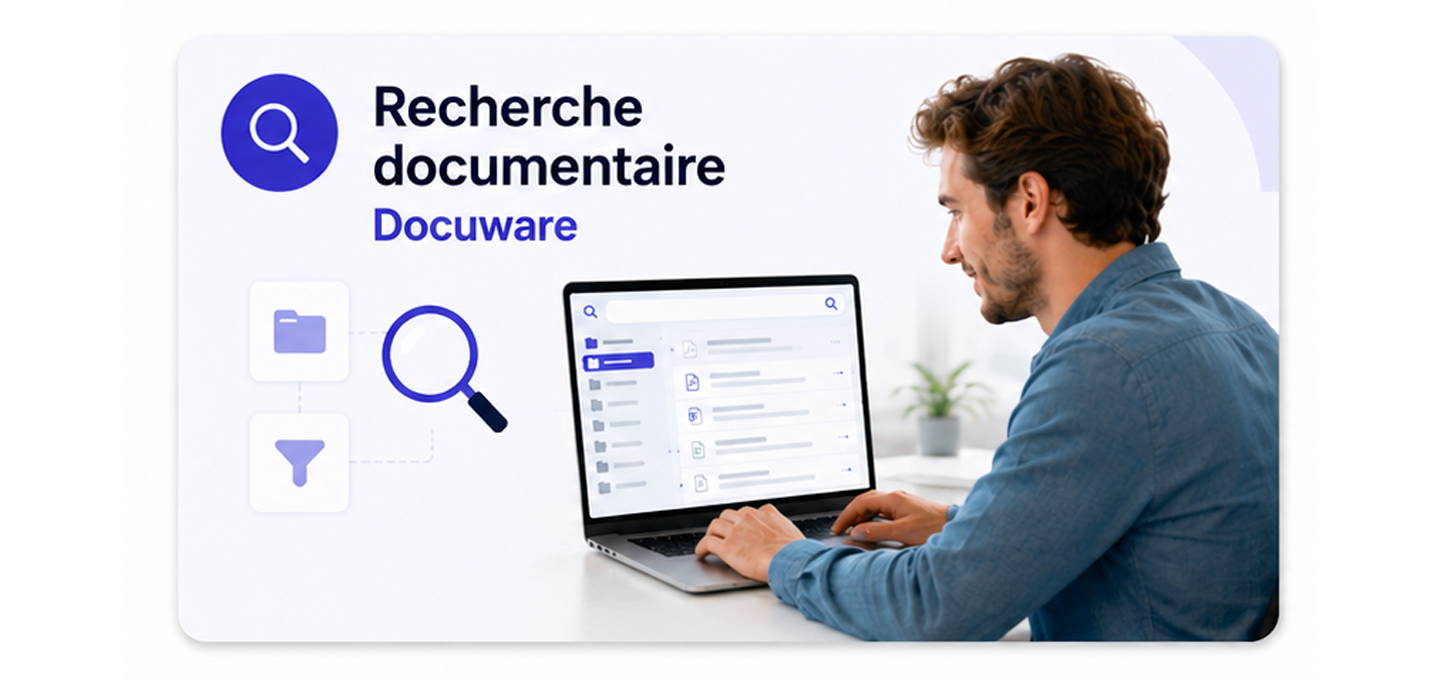 Three people engaged in discussion around a laptop showing document search icons. Text reads "Formation recherche documentaire," suggesting training.